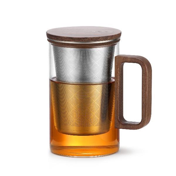 尚明邦田胡桃木玻璃个人杯茶水分离杯办公杯500mL