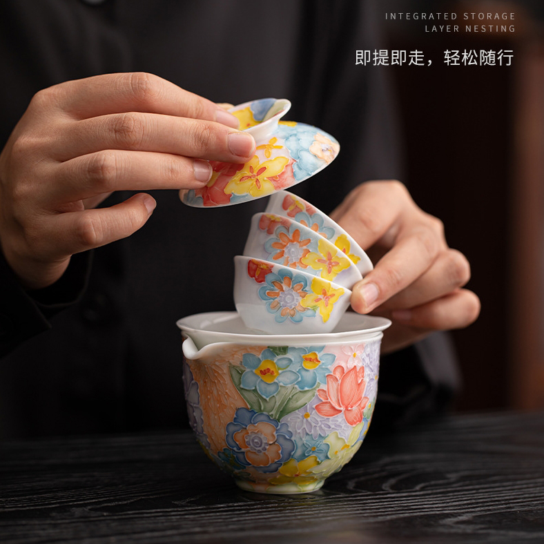 尾橋下窯手繪萬花滿彩釉下旅行茶具套裝便攜商務(wù)會議伴手禮贈品