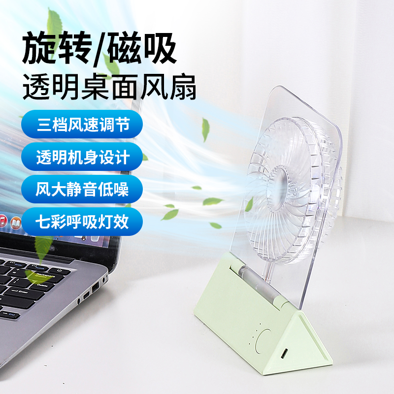 右心新款透明带磁吸底座桌面小风扇可壁挂带夜灯