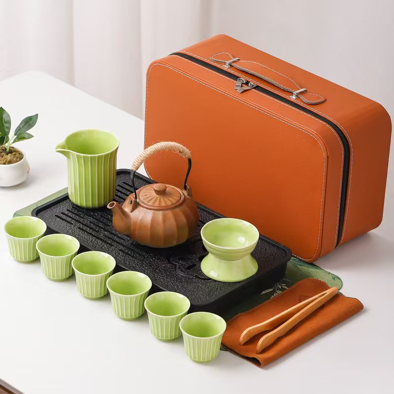 鹏翼竹叶青柴烧壶碳雕茶盘旅行茶具套装