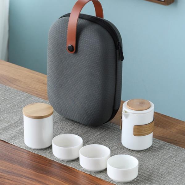 鹏翼羊脂玉瓷实木旅行茶具配茶叶罐