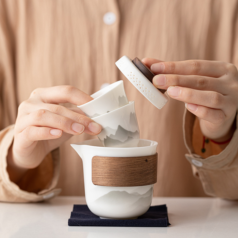 茶汀水墨畫山水羊脂玉快客杯便攜裝
