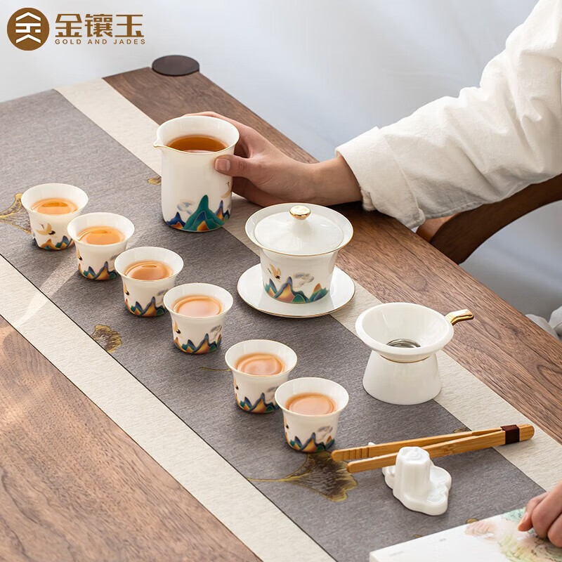 金鑲玉觀山羊脂玉瓷茶具